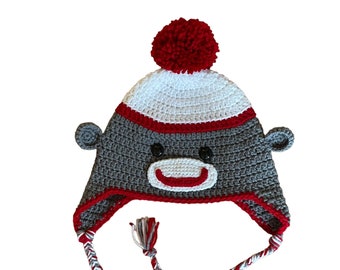 Sock monkey hat Sock monkey beanie perfect monkey lover gift, sock earflap hat fun birthday gift for kids for adult sock monkey lovers