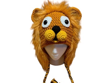 Lion hat with earflaps and braids
