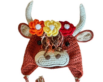 Henrietta Highland Cow hat Highland Coo hat with earflaps and braids and a beautiful flower garland perfect gift for her Highland Cow lovers