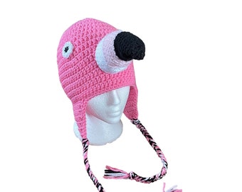 Chapeau flamant rose, Bonnet flamant rose, Chapeau flamant rose avec oreillettes, Chapeau flamant rose avec bec, Chapeau flamant rose pour enfant, Chapeau flamant rose pour homme, Flamants roses