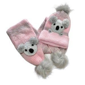 Koala beanie and scarf, Koala beanie, Koala PomPom beanie for her Koala birthday gift, Koala scarf for ladies Koala beanie for kids for her image 1