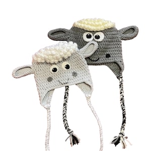 Sheep or lamb hat with earflaps and braids, in all sizes from baby to adult, perfect warm winter hat gift for all sheep and country lovers