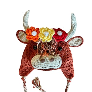 Henrietta Highland Cow hat Highland Coo hat with earflaps and braids and a beautiful flower garland perfect gift for her Highland Cow lovers image 1