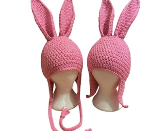 Pink Bunny Ears Hat  – Rabbit with Tall Ears Crocheted Beanie