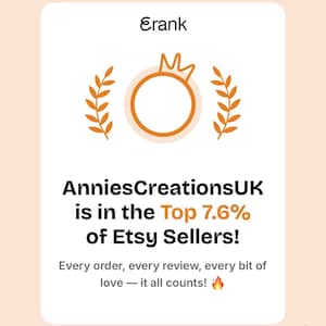 a badge stating that Annies Creations UK is in the Top 7.6% of Etsy Sellers and that Every Order, every review, every bit of love - it all counts towards this.