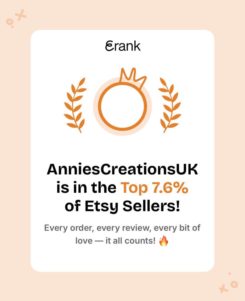 a badge stating that Annies Creations UK is in the Top 7.6% of Etsy Sellers and that Every Order, every review, every bit of love - it all counts towards this.