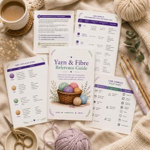 May include: A collection of yarn and fiber reference guides, including a "Yarn & Fibre Reference Guide" and a "Fibre Types Quick Guide." The guides are surrounded by yarn balls, knitting needles, and a cup of coffee. The guides provide information on yarn weights, care symbols, and fiber types.
