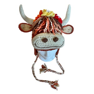 Henrietta Highland Cow hat Highland Coo hat with earflaps and braids and a beautiful flower garland perfect gift for her Highland Cow lovers image 2