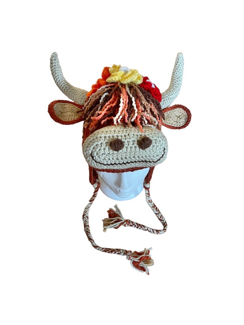 Henrietta Highland Cow hat Highland Coo hat with earflaps and braids and a beautiful flower garland perfect gift for her Highland Cow lovers image 2