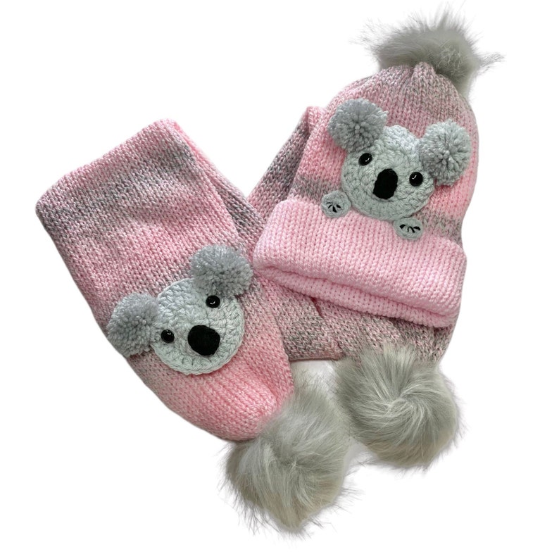 Koala beanie and scarf, Koala beanie, Koala PomPom beanie for her Koala birthday gift, Koala scarf for ladies Koala beanie for kids for her image 3