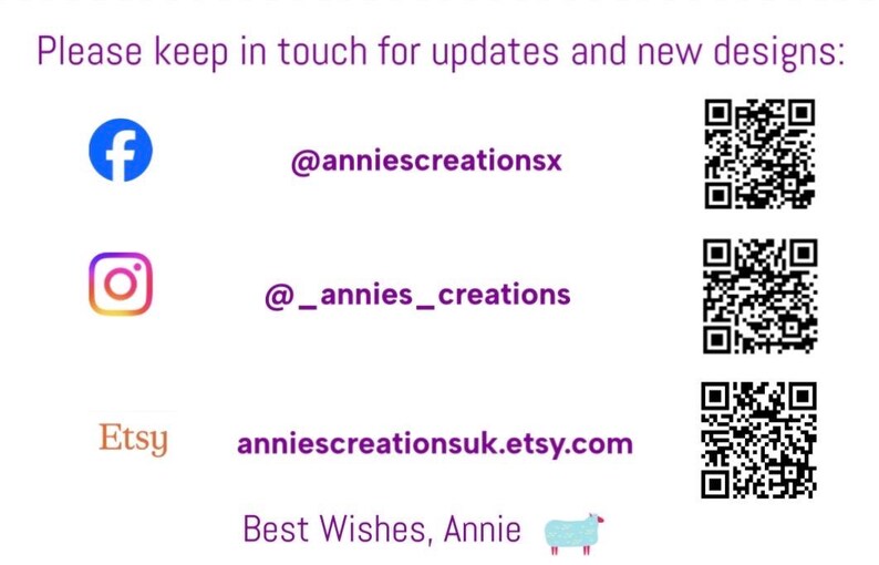 A business card with a White background with text and social media icons. Includes Facebook and Instagram handles, Etsy shop URL, and QR codes. Text reads "Please keep in touch for updates and new designs:" and "Best Wishes, Annie."