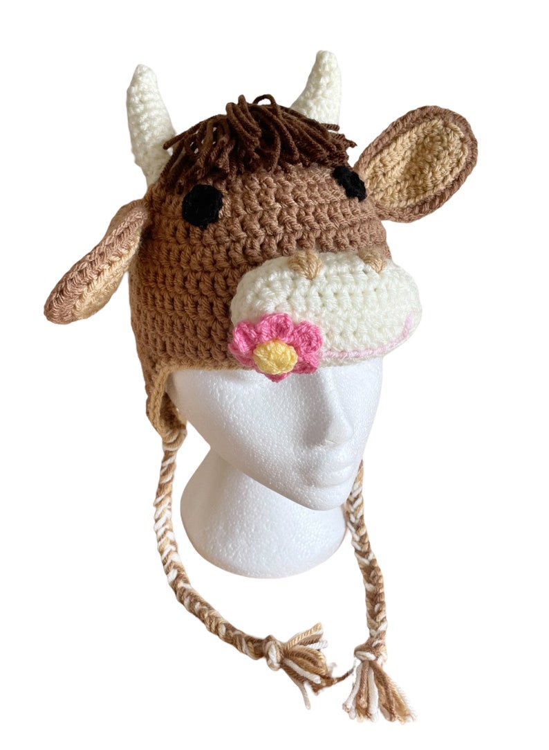 Henrietta Highland Cow hat Highland Coo hat with earflaps and braids and a beautiful flower garland perfect gift for her Highland Cow lovers image 10