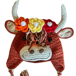 Henrietta Highland Cow hat Highland Coo hat with earflaps and braids and a beautiful flower garland perfect gift for her Highland Cow lovers image 3