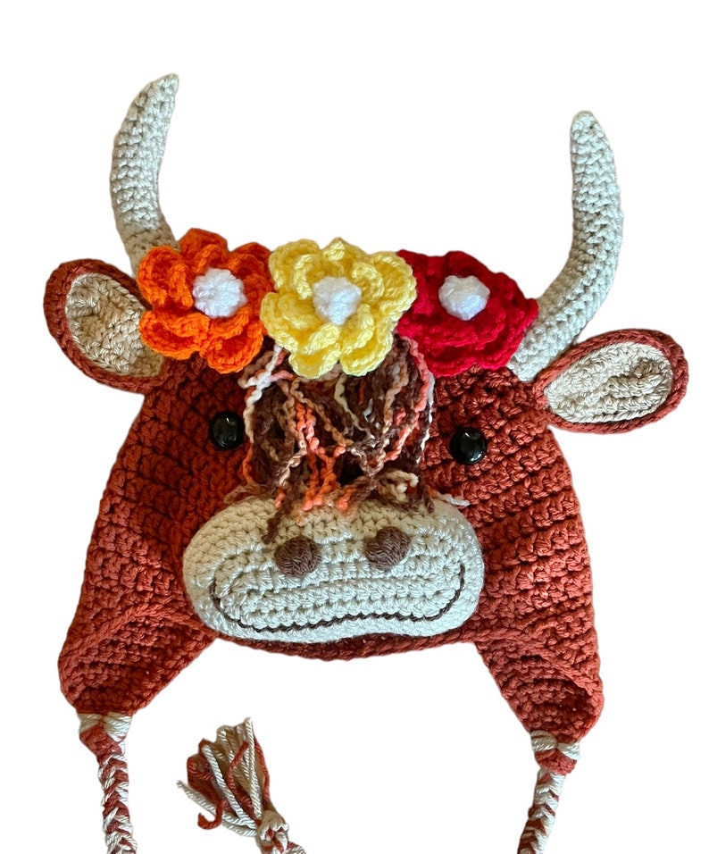 Henrietta Highland Cow hat Highland Coo hat with earflaps and braids and a beautiful flower garland perfect gift for her Highland Cow lovers image 3