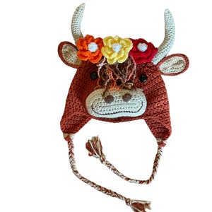 Henrietta Highland Cow hat Highland Coo hat with earflaps and braids and a beautiful flower garland perfect gift for her Highland Cow lovers image 4