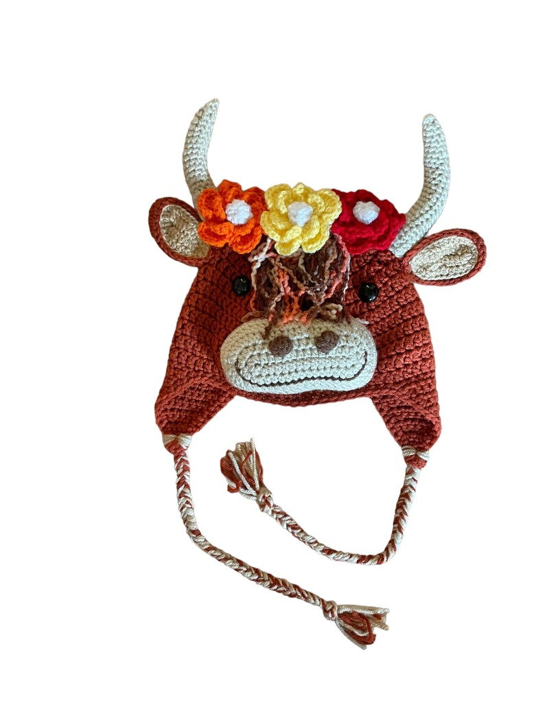 Henrietta Highland Cow hat Highland Coo hat with earflaps and braids and a beautiful flower garland perfect gift for her Highland Cow lovers image 4