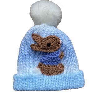 Peter Rabbit PomPom hat in lovely blue colourway - Blue Bunny Rabbit PomPom Beanie - Cute Peter Rabbit Gift for Baby Shower, Newborns & Kids