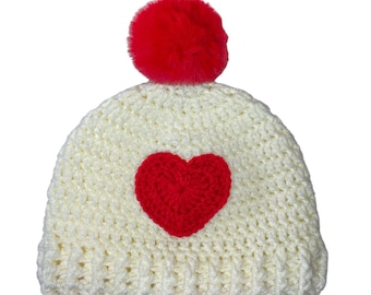 Bonnet à pompons au crochet Love Heart, bonnet pour la Saint-Valentin, cadeau romantique douillet