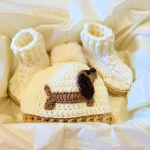 Dachshund Hat and Booties Crochet Set, Sausage Dog Baby Gift, Newborn Shower, Dog Lover image 2