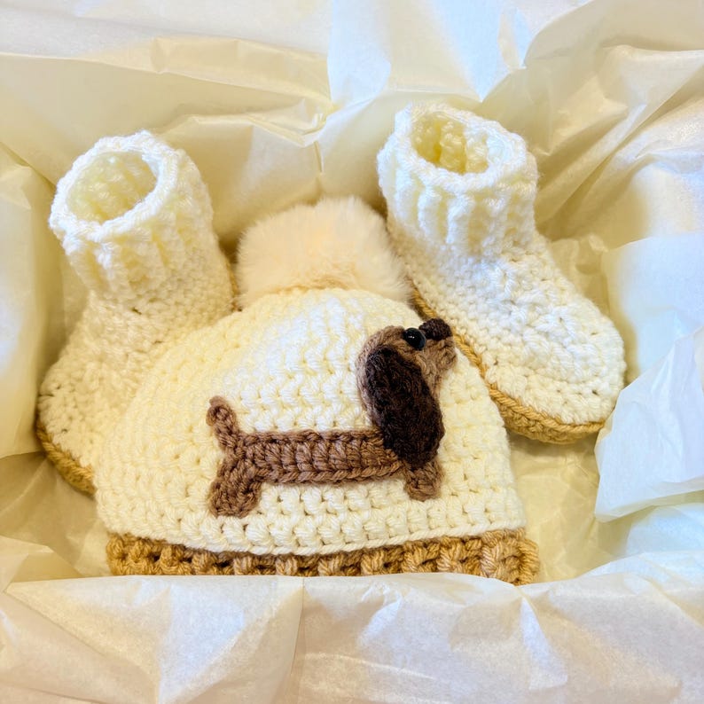 Dachshund Hat and Booties Crochet Set, Sausage Dog Baby Gift, Newborn Shower, Dog Lover image 2