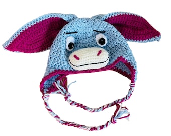 Eeyore inspired Donkey Hat with earflaps and braids