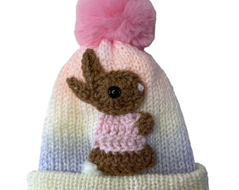 Peter Rabbit hat, Bunny Rabbit Pom Pom hat, pink colourway, Bunny rabbit with pink jacket, pink Pom Pom hat with rabbit