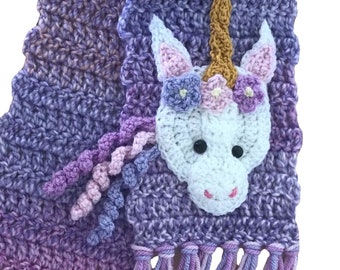 Unicorn scarf birthday gift for girl, scarf with unicorn appliqué, unicorn scarf for her, unicorn scarf for girl