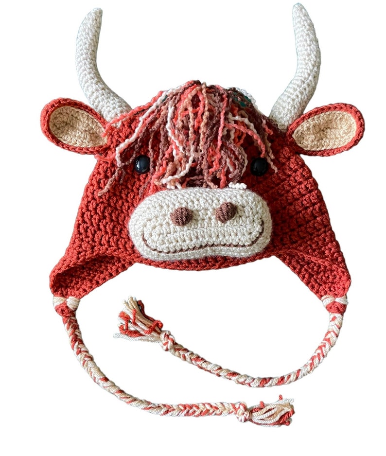 Henrietta Highland Cow hat Highland Coo hat with earflaps and braids and a beautiful flower garland perfect gift for her Highland Cow lovers image 5