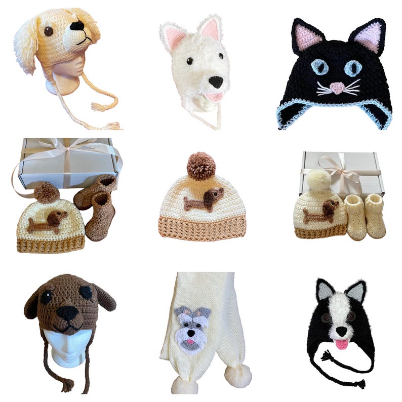 A collection of nine crocheted dog hats and scarves. The hats feature different dog breeds, including a dachshund, a schnauzer, a terrier, and a bulldog. The scarves are made in a variety of colours, including white, cream, and brown.