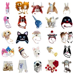 A collection of crocheted animal hats. The hats feature a variety of animals, including a unicorn, a cat, a dog, a cow, a horse, a tiger, a narwhal, a bird, a fish, a seal, a rabbit, a monkey, a penguin, and a butterfly. The hats are all made with soft, colourful yarn and have a variety of different features, such as ears, horns, tails, and wings.