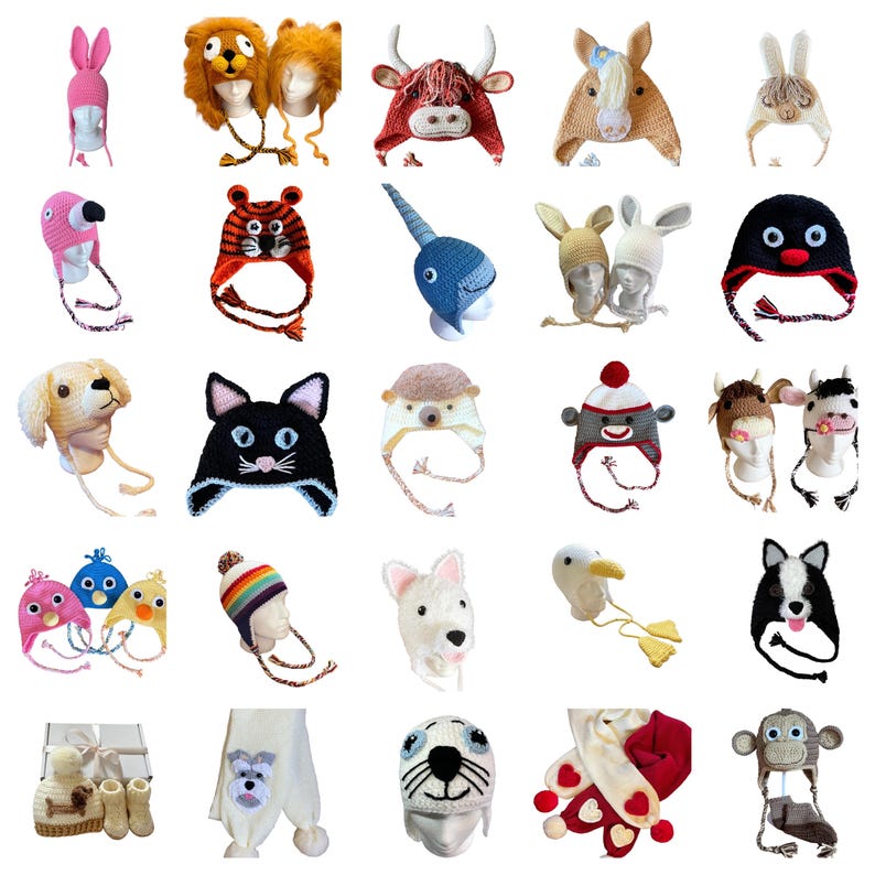 A collection of crocheted animal hats. The hats feature a variety of animals, including a unicorn, a cat, a dog, a cow, a horse, a tiger, a narwhal, a bird, a fish, a seal, a rabbit, a monkey, a penguin, and a butterfly. The hats are all made with soft, colourful yarn and have a variety of different features, such as ears, horns, tails, and wings.