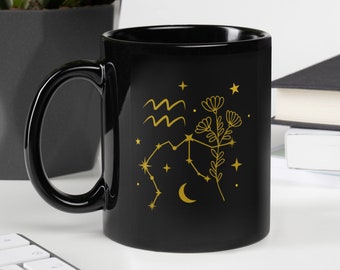 Waterman Zodiac koffiemok met sterrenconstellatie en geboortebloem, Waterman mok is perfect astrologie verjaardagscadeau