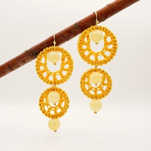 Calcite Gemstone Handmade Earrings, Goldenrod Crocheted Stacked Gold Hoops