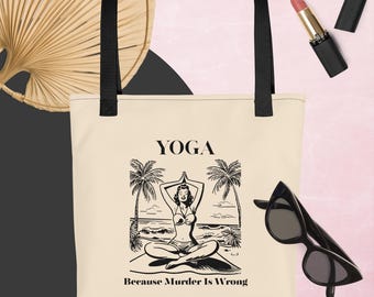 Bolsa de lona con humor sobre yoga. "Yoga, porque matar está mal". Estilo vintage, un regalo divertido para yoguis, aficionados a la meditación y amantes del zen.