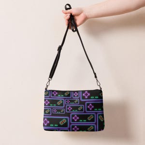 Crossbody Bag in Premium Faux Leather, Shoulder Purse Convertible to Clutch, Zip Top & Inside Pockets, Neon Classic Nintendo Game Design