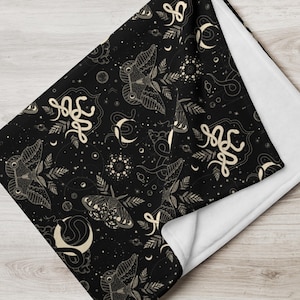 Witchy Throw Blanket, Practical Magic Bed or Sofa Throw, Witchcore Aesthetic Blanket with  Celestial Motifs, Moons, Snakes & Luna Moths