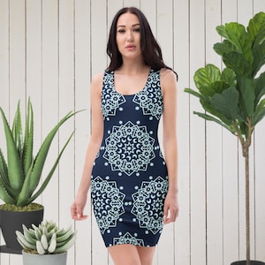 Celestial Mandala Mini Dress, Summer Boho Bodycon Dress Women, Yoga Inspired Festival & Vacation Outfit, Mystic Moon Phases Geometric Print