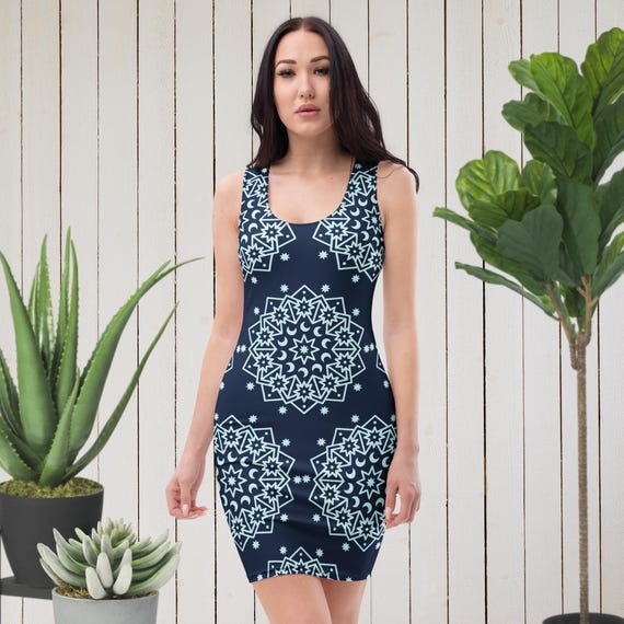 Celestial Mandala Mini Dress, Summer Boho Bodycon Dress Women, Yoga Inspired Festival & Vacation Outfit, Mystic Moon Phases Geometric Print