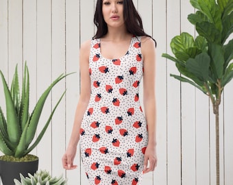 Strawberry Print Mini Dress, Cottagecore Summer Bodycon Kawaii Fruit Print, Cute Picnic Dress, Romantic Summer Fashion, Garden Party Outfit