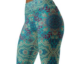 Floral Mandala Yoga Pants, High Waisted Stretch Leggings for Yoga, Dance, Walking, Running, Lounging & Travel - Everyday Premium Activewear