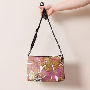 Crossbody Bag in Premium Faux Leather, Shoulder Purse Convertible to Clutch, Zip Top & Inside Pockets, Feminine Tropical Palm Leaves Design