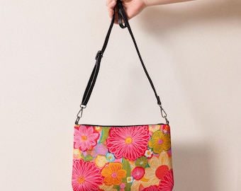 Crossbody Bag in Premium Faux Leather, Shoulder Purse Convertible to Clutch, Zip Top & Inside Pockets, Bright Spring Summer Floral Pattern