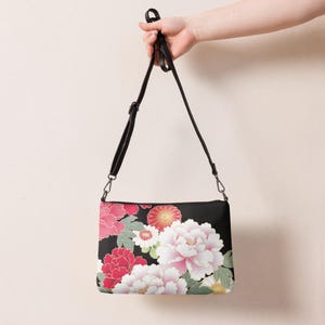 Crossbody Bag in Premium Faux Leather, Shoulder Purse Convertible to Clutch, Zip Top & Inside Pockets, Floral Asian Garden Blooms Design