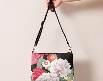 Crossbody Bag in Premium Faux Leather, Shoulder Purse Convertible to Clutch, Zip Top & Inside Pockets, Floral Asian Garden Blooms Design