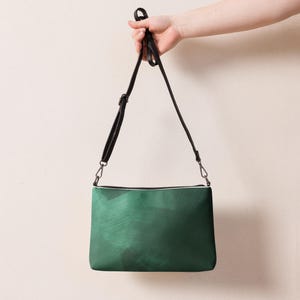 Crossbody Bag in Premium Faux Leather, Shoulder Purse Convertible to Clutch, Zip Top & Inside Pockets, Emerald Green Brushed Suede Look