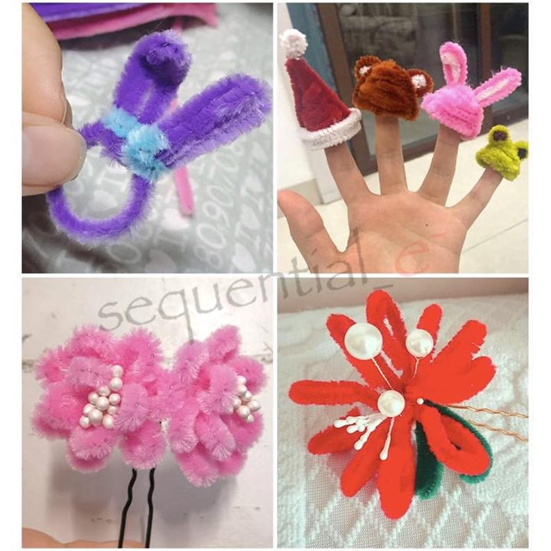 Pu&ograve; includere: Un set di artigianato colorato in pulisci tubi. Il set include un cerchietto per capelli coniglio in pulisci tubi viola, un fiore in pulisci tubi rosa e rosso, un fiore in pulisci tubi rosa con perline bianche e un fiore in pulisci tubi rosso con perline bianche.