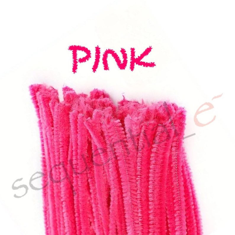 May include: A close-up image of a bundle of pink chenille stems, also known as pipe cleaners. The stems are all the same length and are bundled together. The word "PINK" is written in pink above the stems.