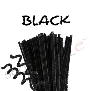 May include: A bundle of black pipe cleaners. The pipe cleaners are bundled together and some are curled into a spiral shape. The word "BLACK" is written in black at the top of the image.