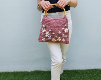 borsa all"uncinetto  manici di bambu con ricamo