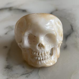 May include: A small, off-white skull figurine with visible teeth and eye sockets. The skull has a glossy finish and appears to be made of a solid material. The skull is a decorative item.